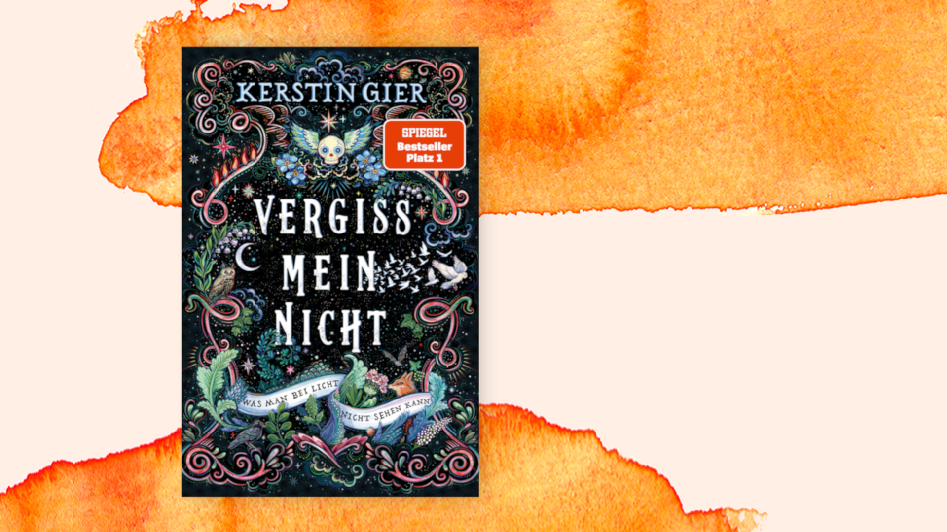 Den schwarzen Buchumschlag von Kerstin Giers Roman "Vergissmeinnicht" zieren ein geflügelter Totenkopf, rankende Ornamente sowie der Schriftzug "Was man bei Licht nicht sehen kann". Den schwarzen Buchumschlag von Kerstin Giers Roman "Vergissmeinnicht" zieren ein geflügelter Totenkopf, rankende Ornamente sowie der Schriftzug "Was man bei Licht nicht sehen kann".