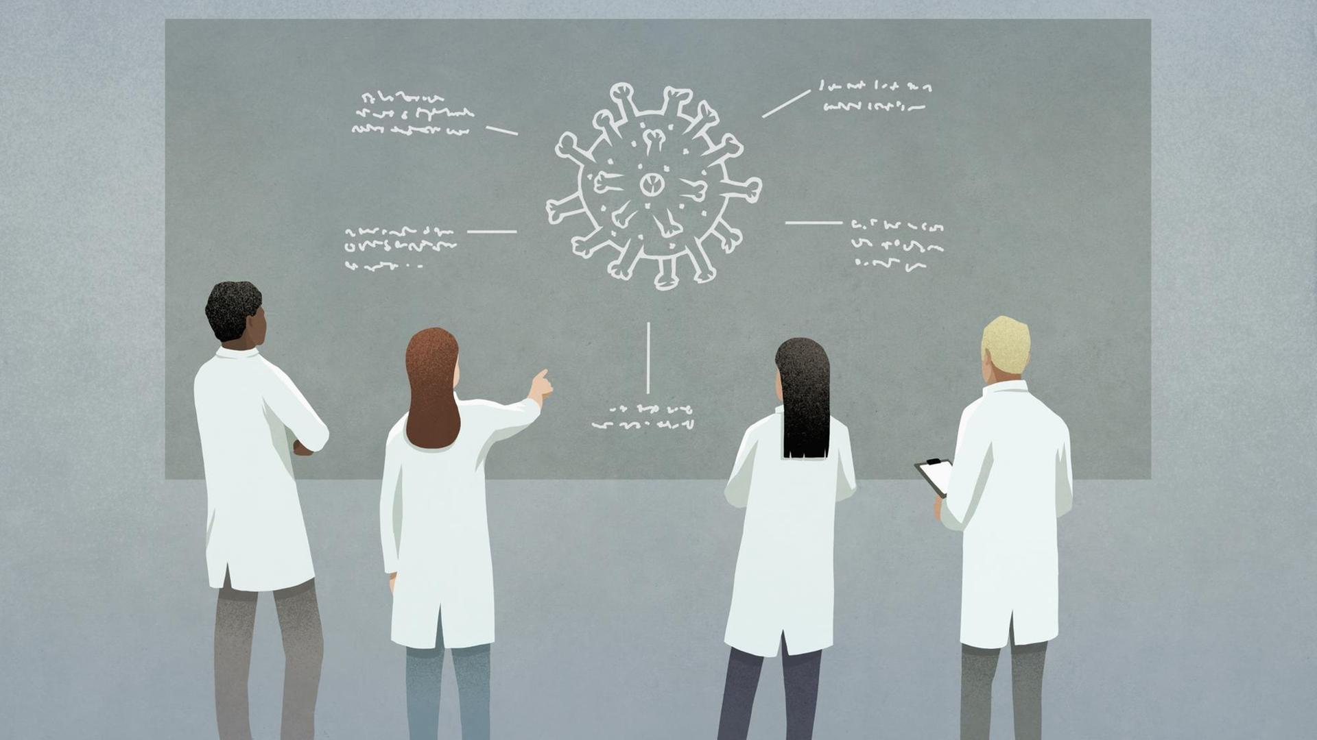 Illustration: Vier Ärztinnen stehen vor einer Tafel und diskutieren den Coronavirus. Illustration: Vier Ärztinnen stehen vor einer Tafel und diskutieren den Coronavirus.