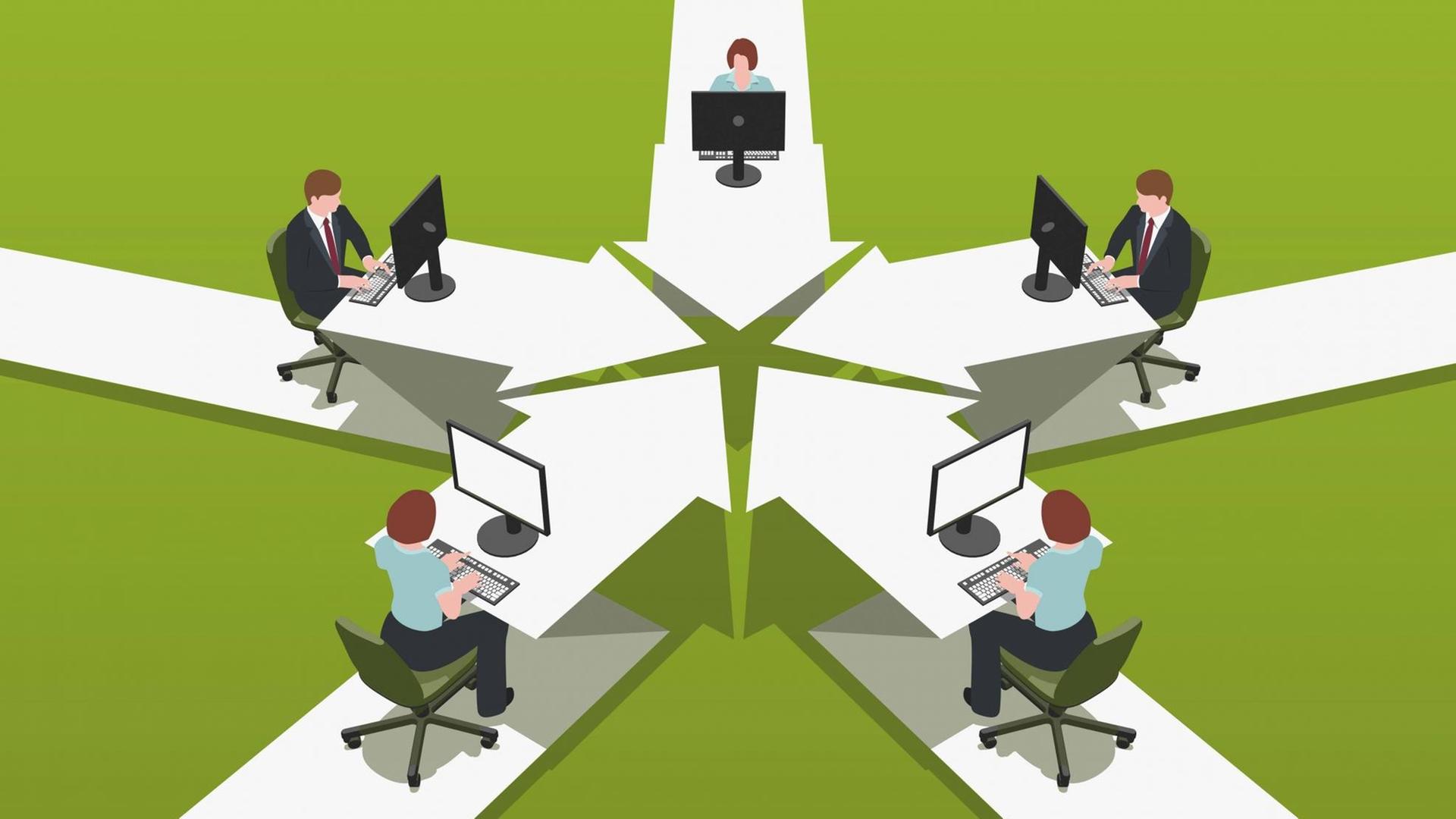 Illustration von Männern und Frauen, die in einem Großraumbüro im Kreis sitzen und an Computern arbeiten. Illustration von Männern und Frauen, die in einem Großraumbüro im Kreis sitzen und an Computern arbeiten.