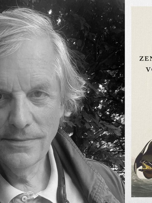 Zu sehen ist der Autor Arnulf Conradi und das Cover seines Buches "Zen und die Kunst der Vogelbeobachtung".