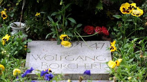 Blumen liegen auf dem Grab des Schriftstellers Wolfgang Borchert auf dem Friedhof Ohlsdorf in Hamburg.