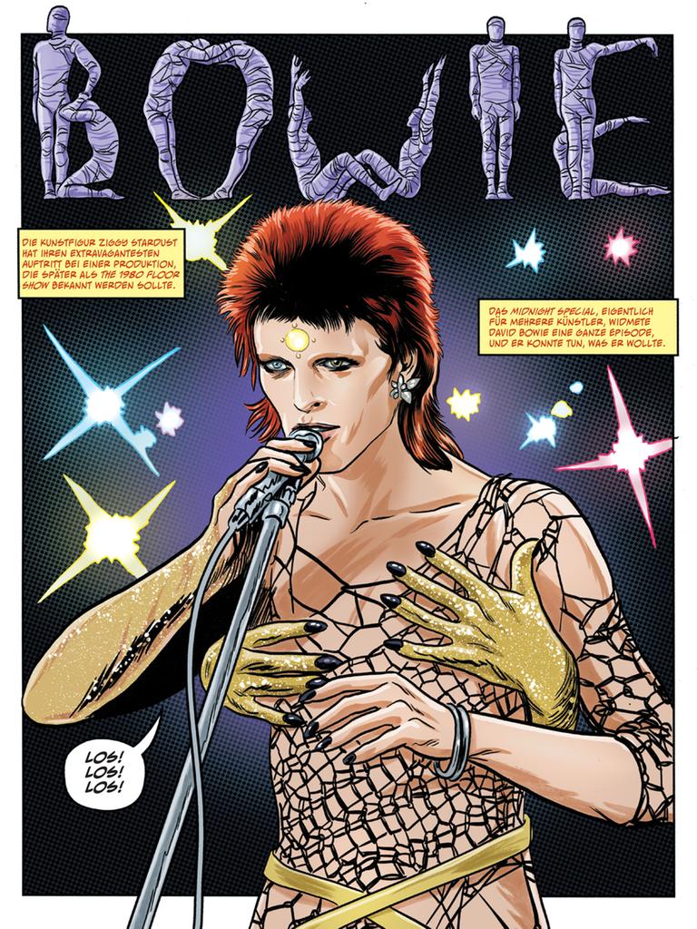 Ein Panel aus der Graphic Novel „Sternenstaub, Strahlenkanonen und Tagträume“, in der es um David Bowie und sein Alter Ego Ziggy Stardust geht.