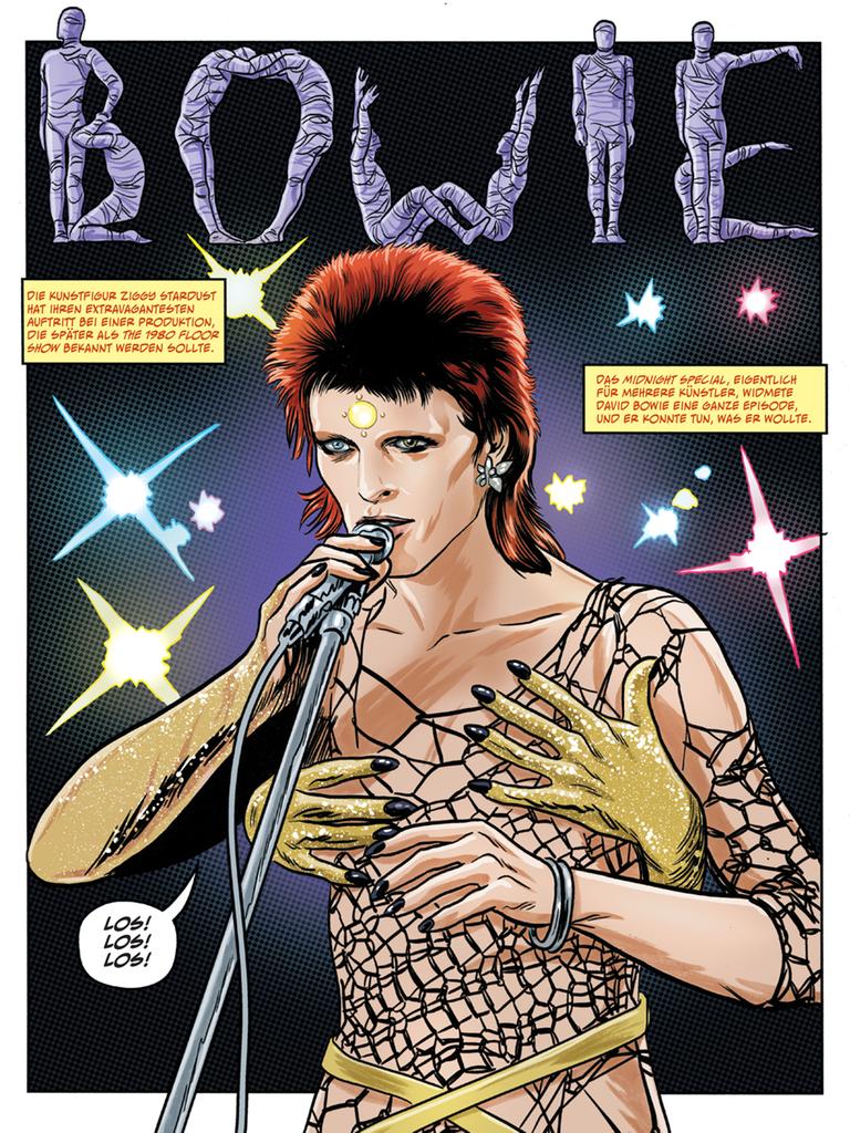 Ein Panel aus der Graphic Novel „Sternenstaub, Strahlenkanonen und Tagträume“, in der es um David Bowie und sein Alter Ego Ziggy Stardust geht. Ein Panel aus der Graphic Novel „Sternenstaub, Strahlenkanonen und Tagträume“, in der es um David Bowie und sein Alter Ego Ziggy Stardust geht.