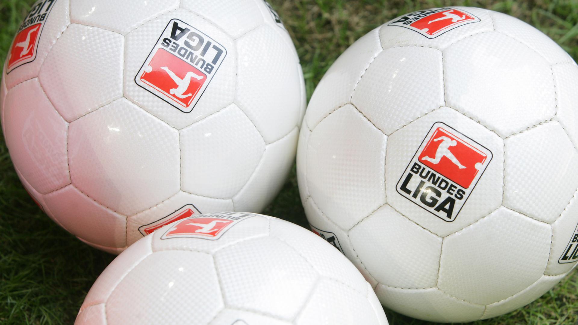 Fußbälle mit dem DFL-Logo (Deutsche Fußball Liga ) liegen auf dem Rasen. Fußbälle mit dem DFL-Logo (Deutsche Fußball Liga ) liegen auf dem Rasen.