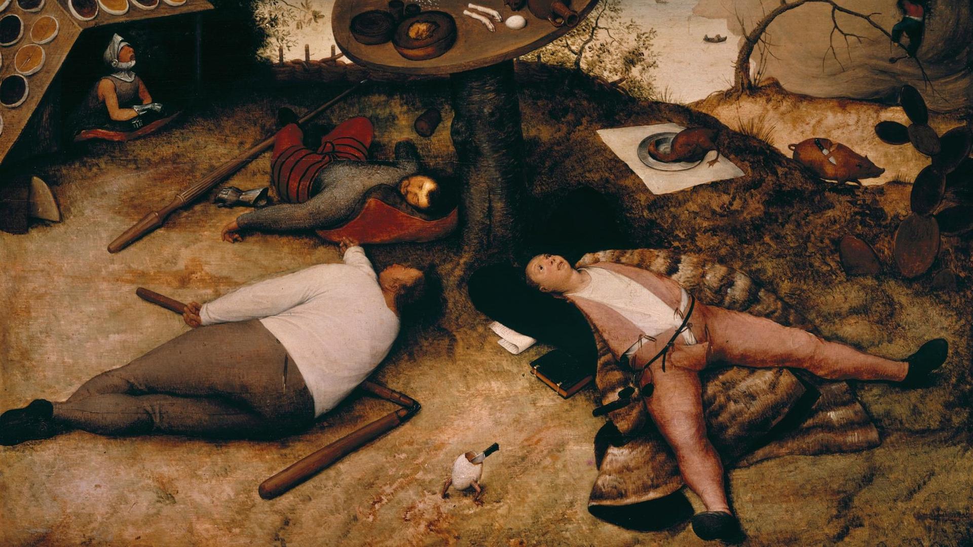 Auf dem Gemälde "Das Schlaraffenland von Pieter Bruegel d.Ae. liegen erschöpfte Menschen nach einer Völlerei auf dem Boden. Auf dem Gemälde "Das Schlaraffenland von Pieter Bruegel d.Ae. liegen erschöpfte Menschen nach einer Völlerei auf dem Boden.