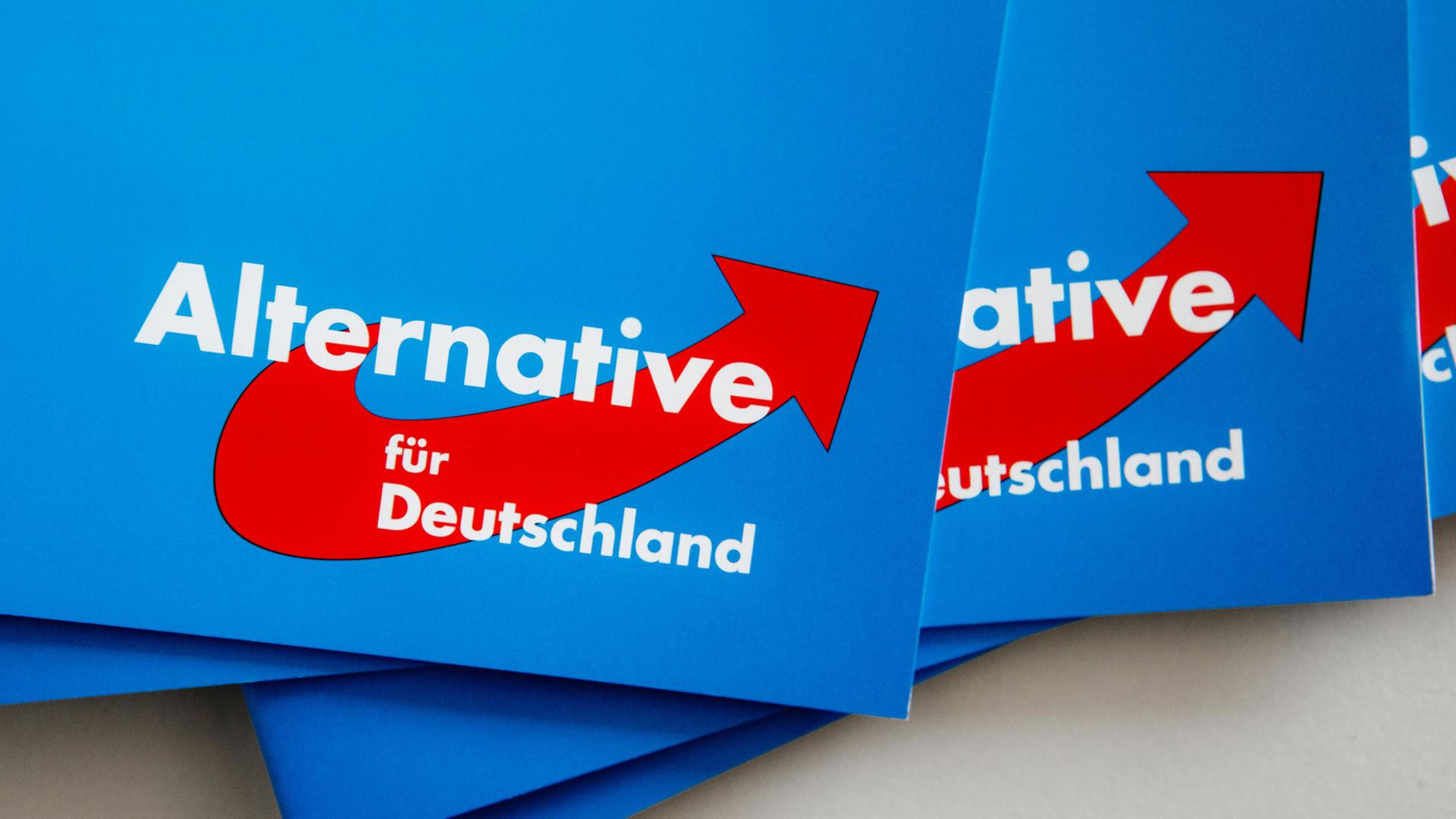 Das Logo der Alternative für Deutschland (AfD) ist am 10.09.2016 in Rendsburg (Schleswig-Holstein) auf dem Landesparteitag der AfD auf Parteibroschüren zu sehen. Das Logo der Alternative für Deutschland (AfD) ist am 10.09.2016 in Rendsburg (Schleswig-Holstein) auf dem Landesparteitag der AfD auf Parteibroschüren zu sehen.