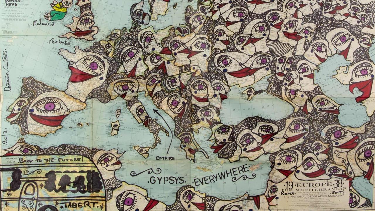 Das Bild "Back To The Future! Safe European Home" von Damian Le Bas zeigt eine Europakarte vn 1938, die der Künstler übermalt hat. Das Bild "Back To The Future! Safe European Home" von Damian Le Bas zeigt eine Europakarte vn 1938, die der Künstler übermalt hat.