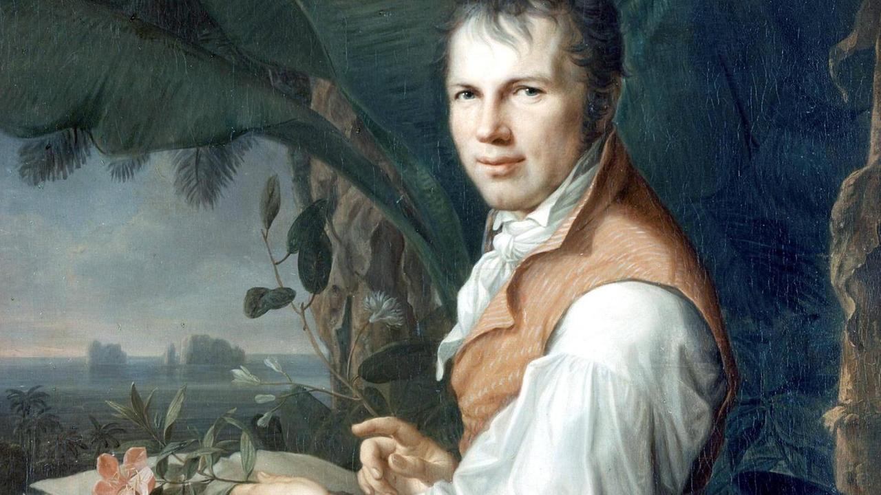 Ein Gemälde von Alexander von Humboldt in Venezuela, er hält eine Pflanze in der Hand über einem Buch. Ein Gemälde von Alexander von Humboldt in Venezuela, er hält eine Pflanze in der Hand über einem Buch.