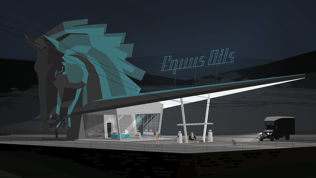 Tankstellen-Szene mit großem Pferdekopf aus dem Computerspiel "Kentucky Route Zero" Tankstellen-Szene mit großem Pferdekopf aus dem Computerspiel "Kentucky Route Zero"