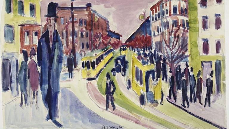 Gemälde mit einem Mann im Straßengeschehen