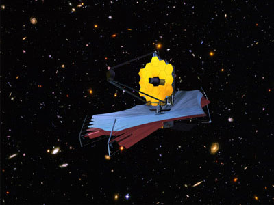Das James-Webb-Weltraumteleskop im Einsatz (Zeichnung). Das James-Webb-Weltraumteleskop im Einsatz (Zeichnung).
