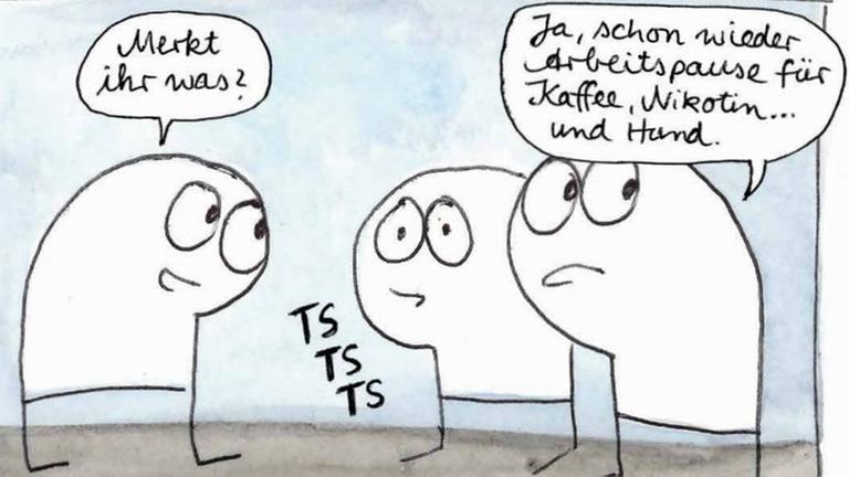 Illustration zweier kleiner Wesen. In einer Sprechblase kritisiert eines der Wesen, die Arbeitsweise von Köhn. Illustration zweier kleiner Wesen. In einer Sprechblase kritisiert eines der Wesen, die Arbeitsweise von Köhn.