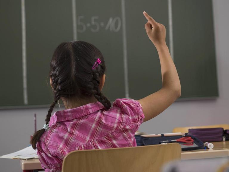 Ein von hinten fotografiertes Mädchen mit dunklen Zöpfen sitzt vor einer Tafel in einem Klassenraum und hebt seine rechte Hand.