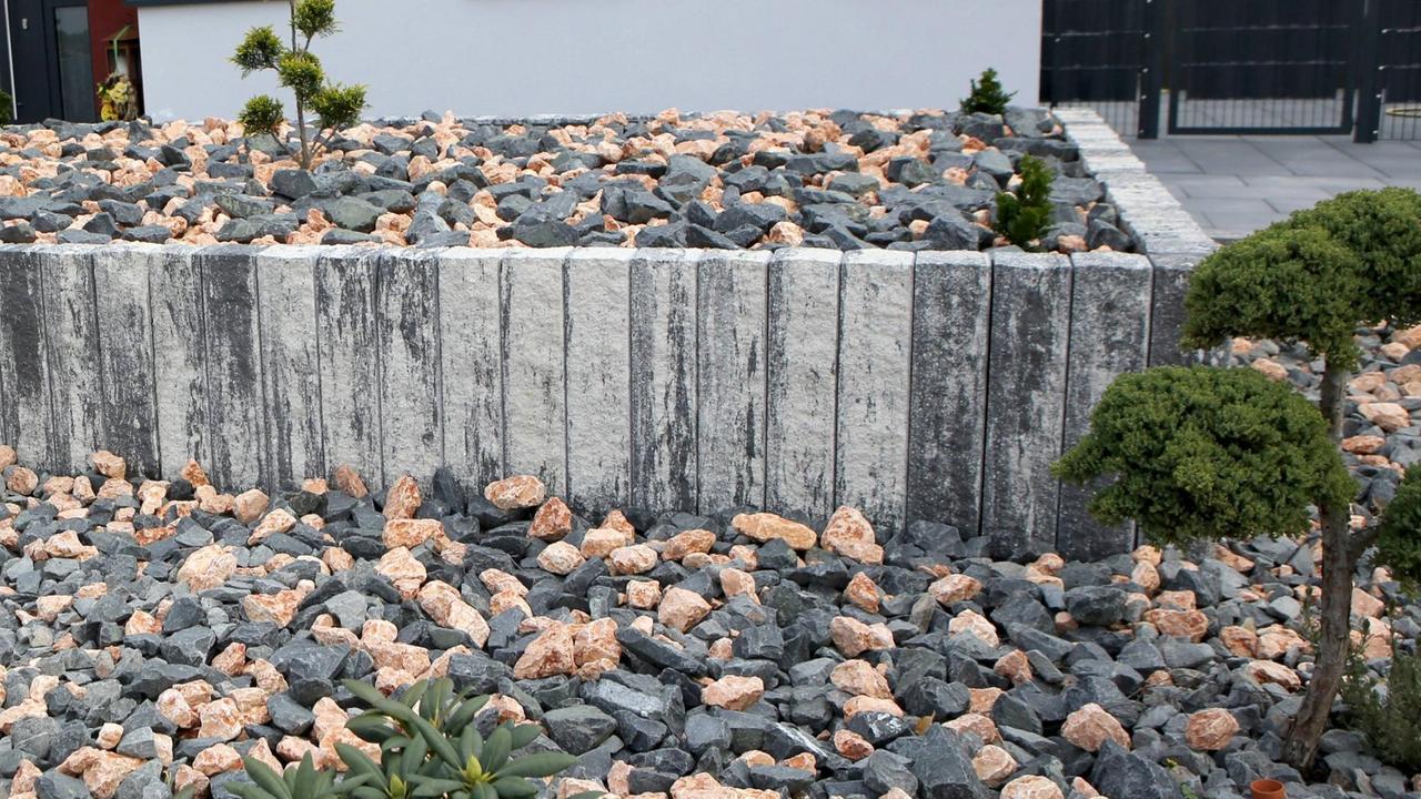 Ein Schottergarten vor einem Haus. Nur wenige Planzen ragen aus der Steindecke heraus. Ein Schottergarten vor einem Haus. Nur wenige Planzen ragen aus der Steindecke heraus.