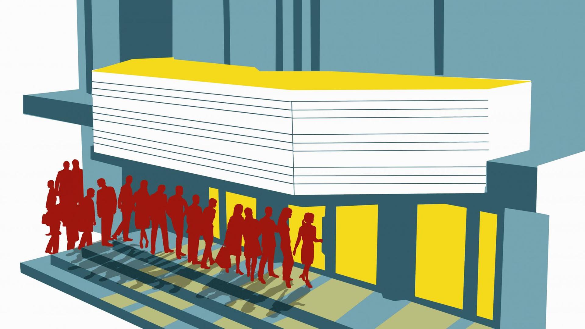 Illustration: Menschen in einer Schlange außerhalb eines Kinos. Illustration: Menschen in einer Schlange außerhalb eines Kinos.
