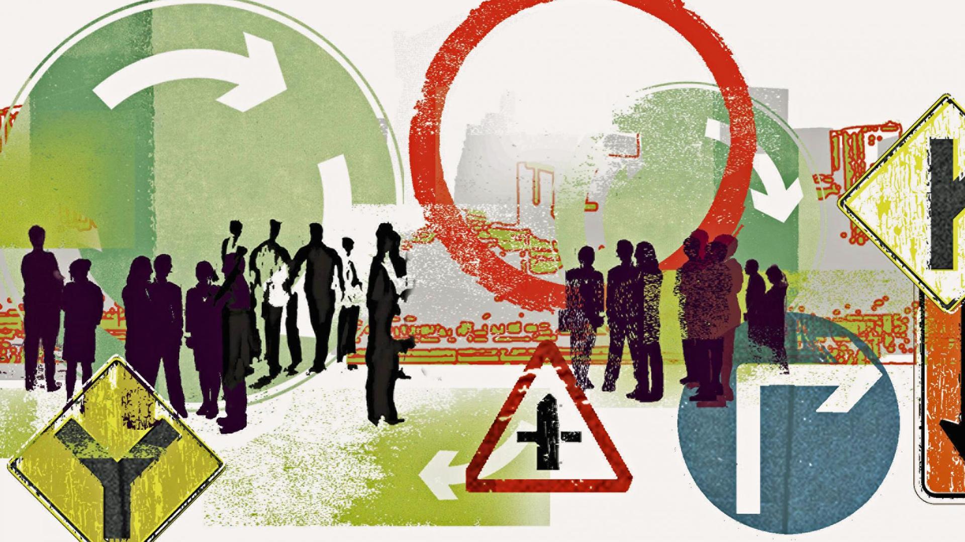 Eine Collage zeigt Schattenumrisse von Menschen mit verschiedenen Verkehrszeichen Eine Collage zeigt Schattenumrisse von Menschen mit verschiedenen Verkehrszeichen