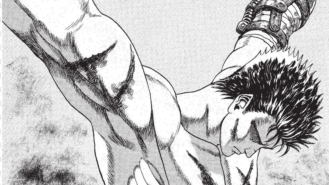 Schwarzweiße Mangazeichnung aus "Berserk": Ein Mann hängt mit nacktem, sehr muskulösen Oberkörper an seinen Armen, er blickt nach unten in die Dunkelheit. Schwarzweiße Mangazeichnung aus "Berserk": Ein Mann hängt mit nacktem, sehr muskulösen Oberkörper an seinen Armen, er blickt nach unten in die Dunkelheit.