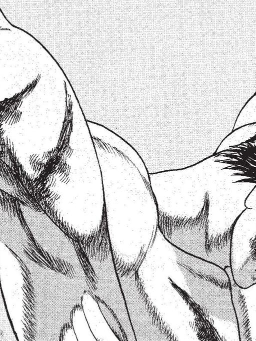Schwarzweiße Mangazeichnung aus "Berserk": Ein Mann hängt mit nacktem, sehr muskulösen Oberkörper an seinen Armen, er blickt nach unten in die Dunkelheit.