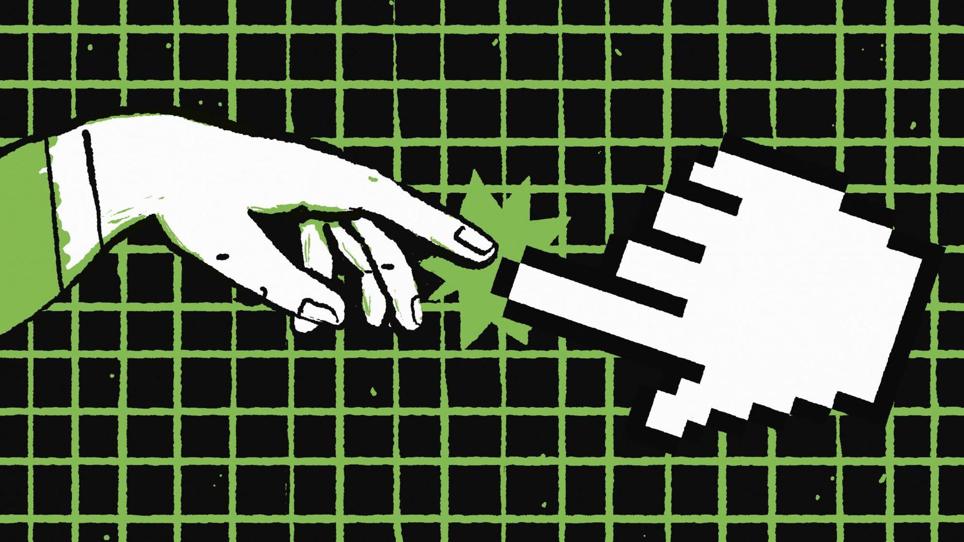 Eine Menschenhand verbindet sich mit einer Computer-Cursorhand. Eine Menschenhand verbindet sich mit einer Computer-Cursorhand.
