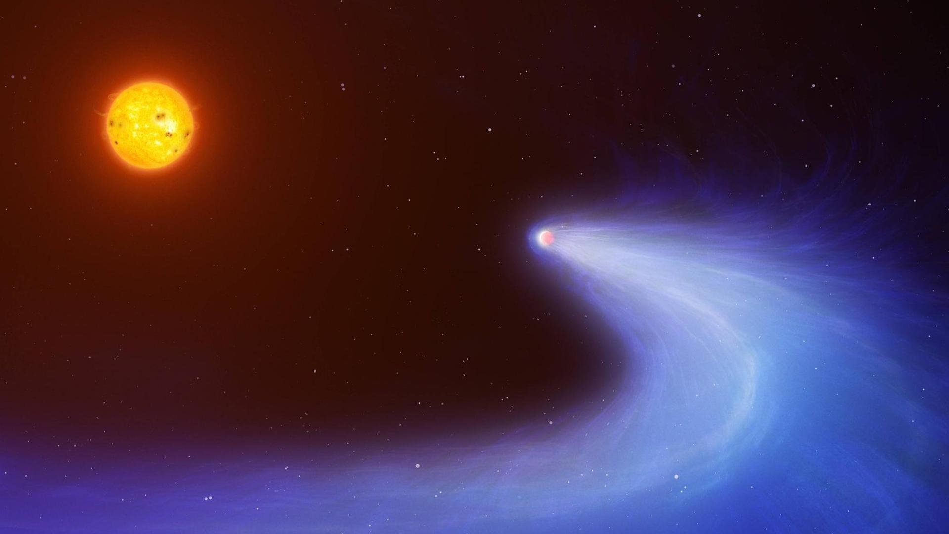 Künstlerische Darstellung des Planeten GJ436b, der einen Roten Zwerg umkreist. Künstlerische Darstellung des Planeten GJ436b, der einen Roten Zwerg umkreist.