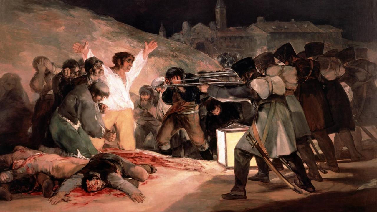 Das farbige Öl-Monumentalgemälde von _Francico de Goya, "Der dritte Mai 1808", zeigt einen Mann, in weißem Hemd, der mit auseinandergerissenen Armen einem Erschießungskommandos gegenüber steht Das farbige Öl-Monumentalgemälde von _Francico de Goya, "Der dritte Mai 1808", zeigt einen Mann, in weißem Hemd, der mit auseinandergerissenen Armen einem Erschießungskommandos gegenüber steht