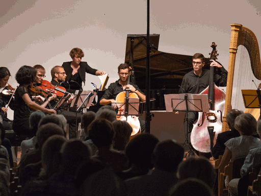 Musikerinnen und Musiker des Festivals Krzyżowa Music im Konzertsaal Kreisau
