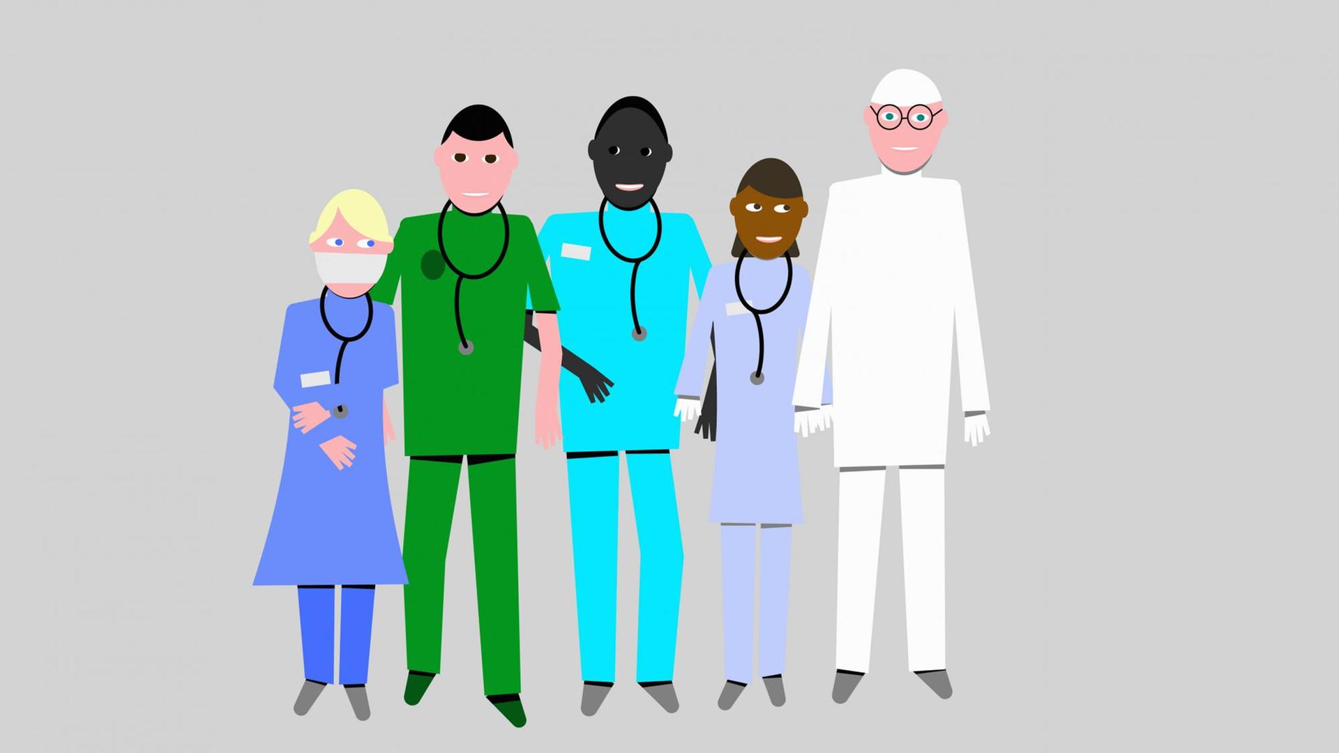 Illustration verschiedener Menschen in bunten Farben, fast alle tragen ein Stethoskop um den Hals. Illustration verschiedener Menschen in bunten Farben, fast alle tragen ein Stethoskop um den Hals.