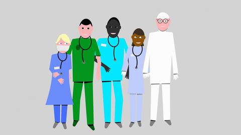 Illustration verschiedener Menschen in bunten Farben, fast alle tragen ein Stethoskop um den Hals.