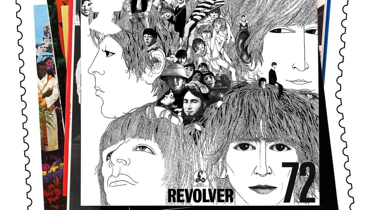 Eine Briefmarke der Royal Mail zeigt das Cover des Beatles-Albums "Revolver". Eine Briefmarke der Royal Mail zeigt das Cover des Beatles-Albums "Revolver".