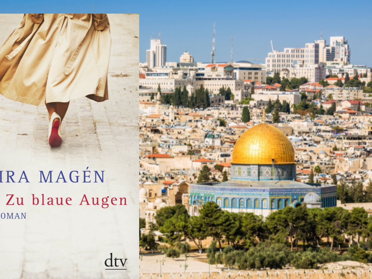 Buchcover: "Zu blaue Augen" von Mira Magén. Im Hintergrund: Die Skyline der Altstadt am Tempelberg in Jerusalem.