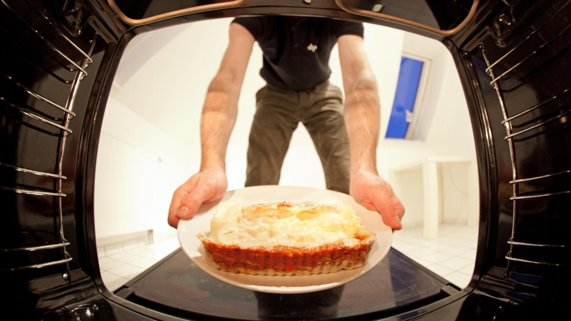 Eine Lasagne wird in den Ofen geschoben. Eine Lasagne wird in den Ofen geschoben.