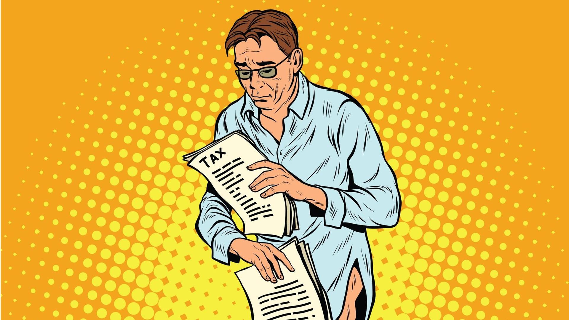 Eine Illustration zeigt einen Mann mit zerknittertem Hemd und ohne Hose, der mit traurigem Blick seine Steuerunterlagen prüft. Eine Illustration zeigt einen Mann mit zerknittertem Hemd und ohne Hose, der mit traurigem Blick seine Steuerunterlagen prüft.