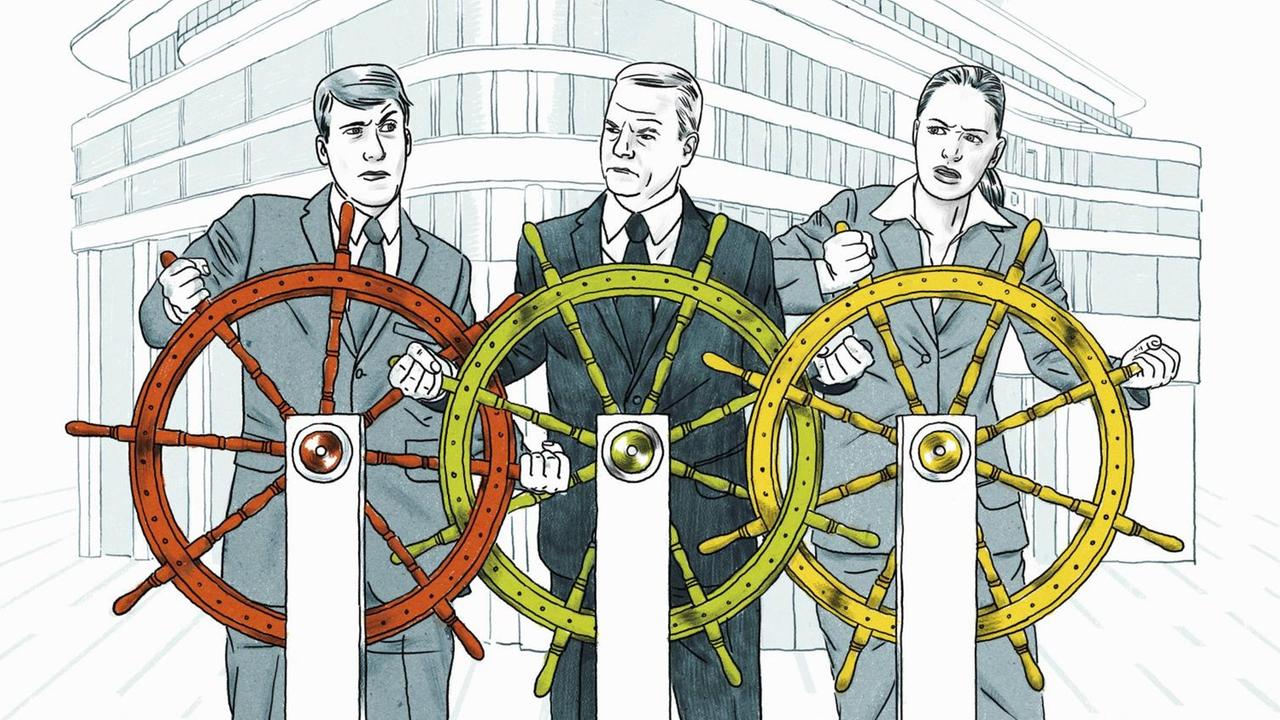 Illustration: Personen konkurrieren um die Kontrolle des Steuererades. Illustration: Personen konkurrieren um die Kontrolle des Steuererades.