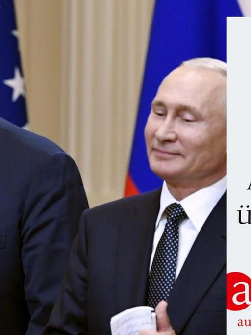 Trump sagt etwas, Putin steht lächelnd daneben. Davor das Buchcover von Masha Gesen "Autokratie überwinden"