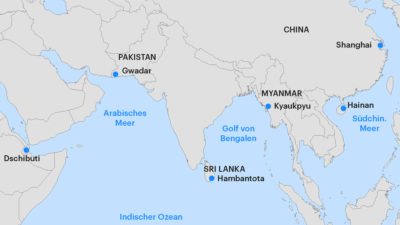 Grafik zeigt die sogenannte "String of Pearls", das maritime Pendant zur chinesischen Seidenstraße