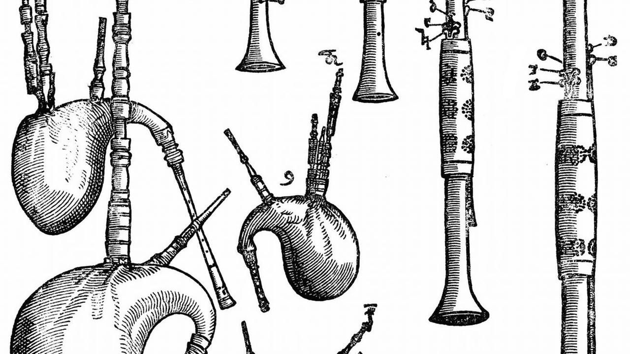Faksimile der Bildtafel Nr. 11, die alte Instrumente wie Pommer, Dudelsäcke und Schalmeien zeigt. 