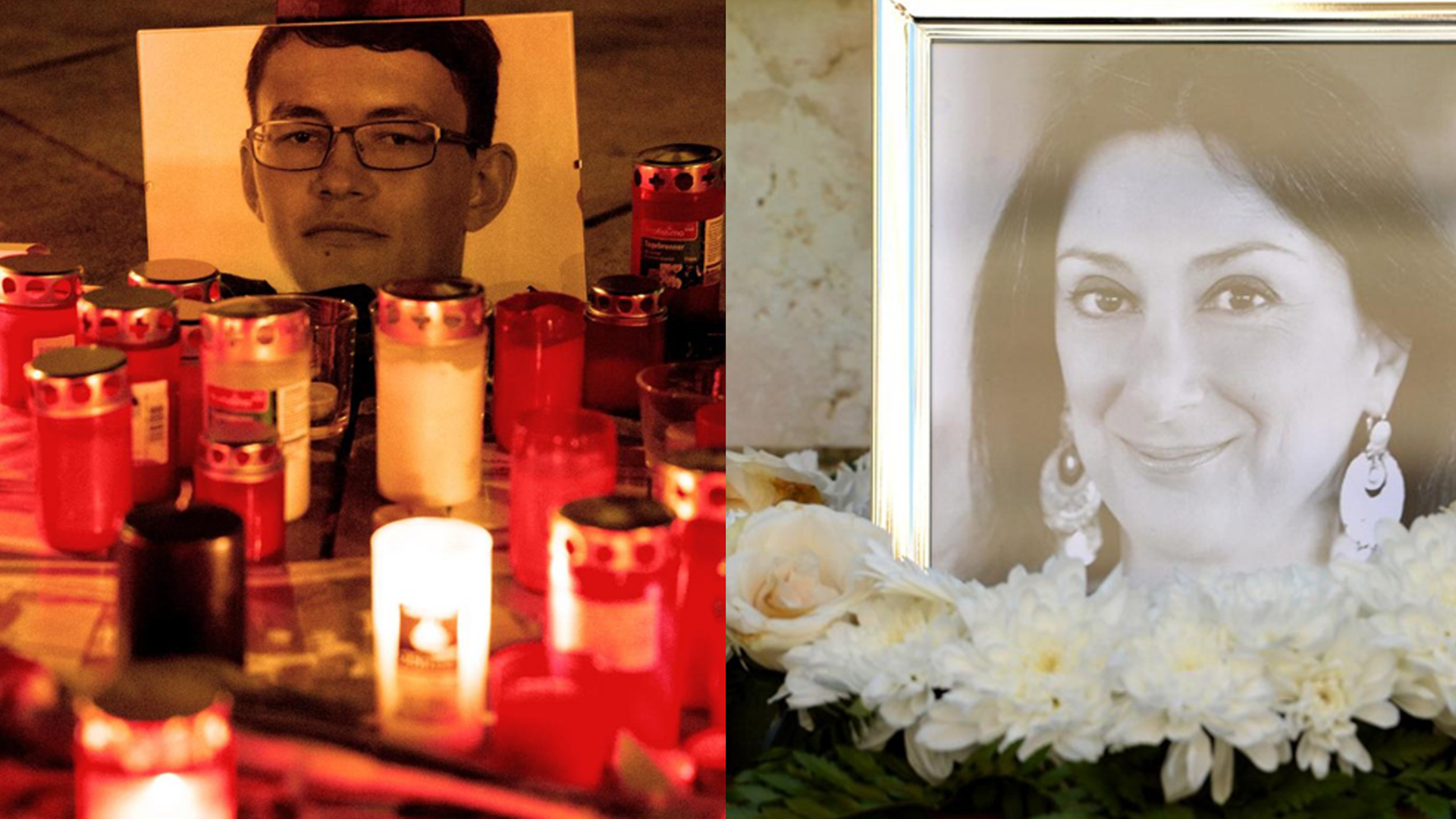 Zu sehen ist eine Collage mit jeweils einem Foto, das an die getöteten Journalisten Jan Kuciak und Daphne Caruana Galizia erinnert. Zu sehen ist eine Collage mit jeweils einem Foto, das an die getöteten Journalisten Jan Kuciak und Daphne Caruana Galizia erinnert.