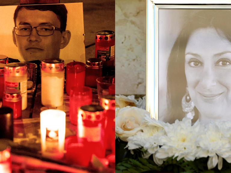 Zu sehen ist eine Collage mit jeweils einem Foto, das an die getöteten Journalisten Jan Kuciak und Daphne Caruana Galizia erinnert.