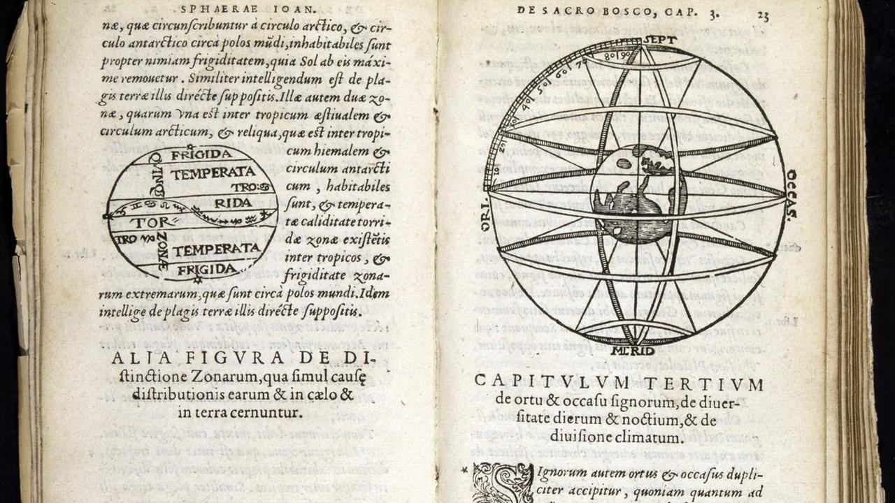Das Bild zeigt eine Doppelseite aus Johannes de Sacroboscos "Tracatus de sphaera". Das Bild zeigt eine Doppelseite aus Johannes de Sacroboscos "Tracatus de sphaera".