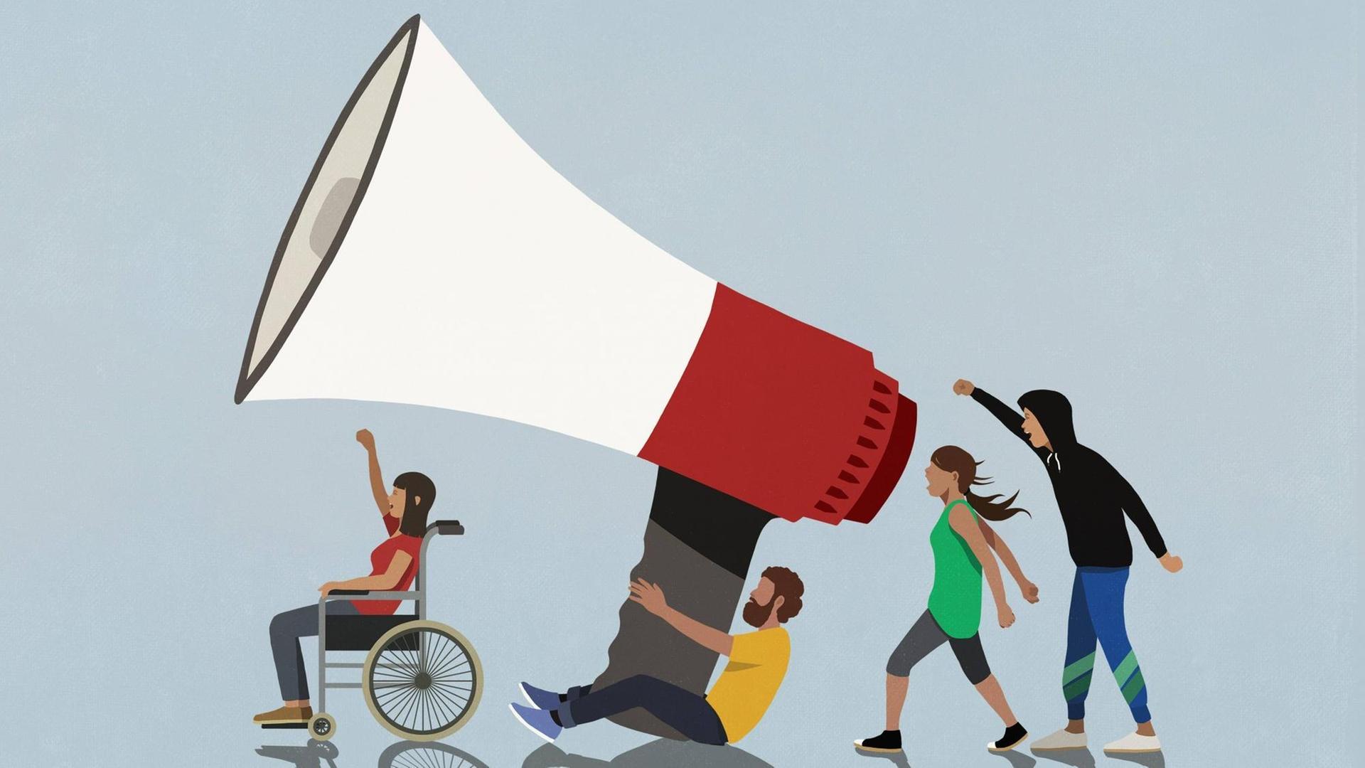 Illustration einer Gruppe Protestierender mit riesigem Megafon. Illustration einer Gruppe Protestierender mit riesigem Megafon.