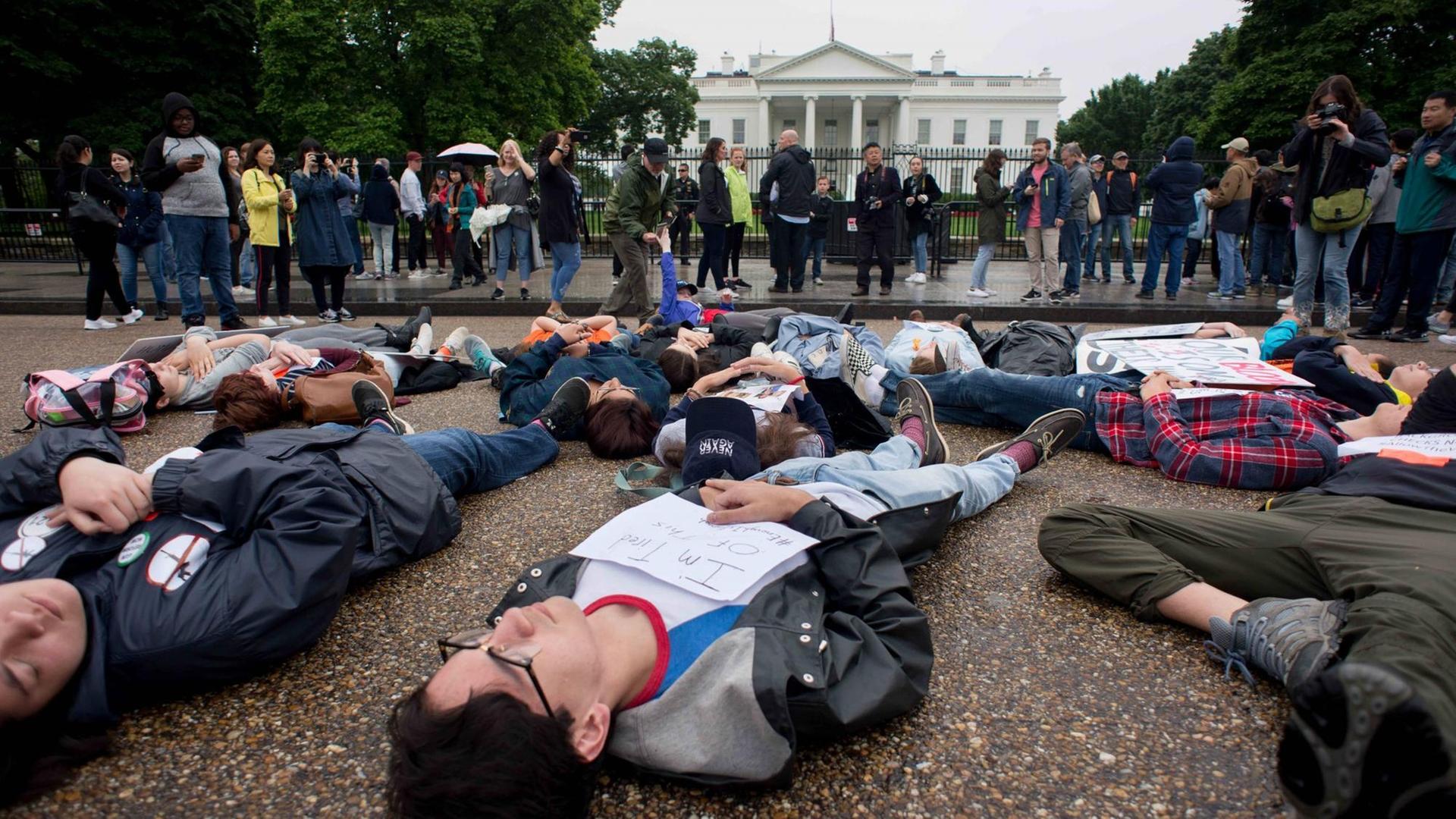Schüler liegen im Rahmen einer Protestaktion mit Bannern in den Händen auf dem Boden, deneben stehen weitere Demonstranten.
