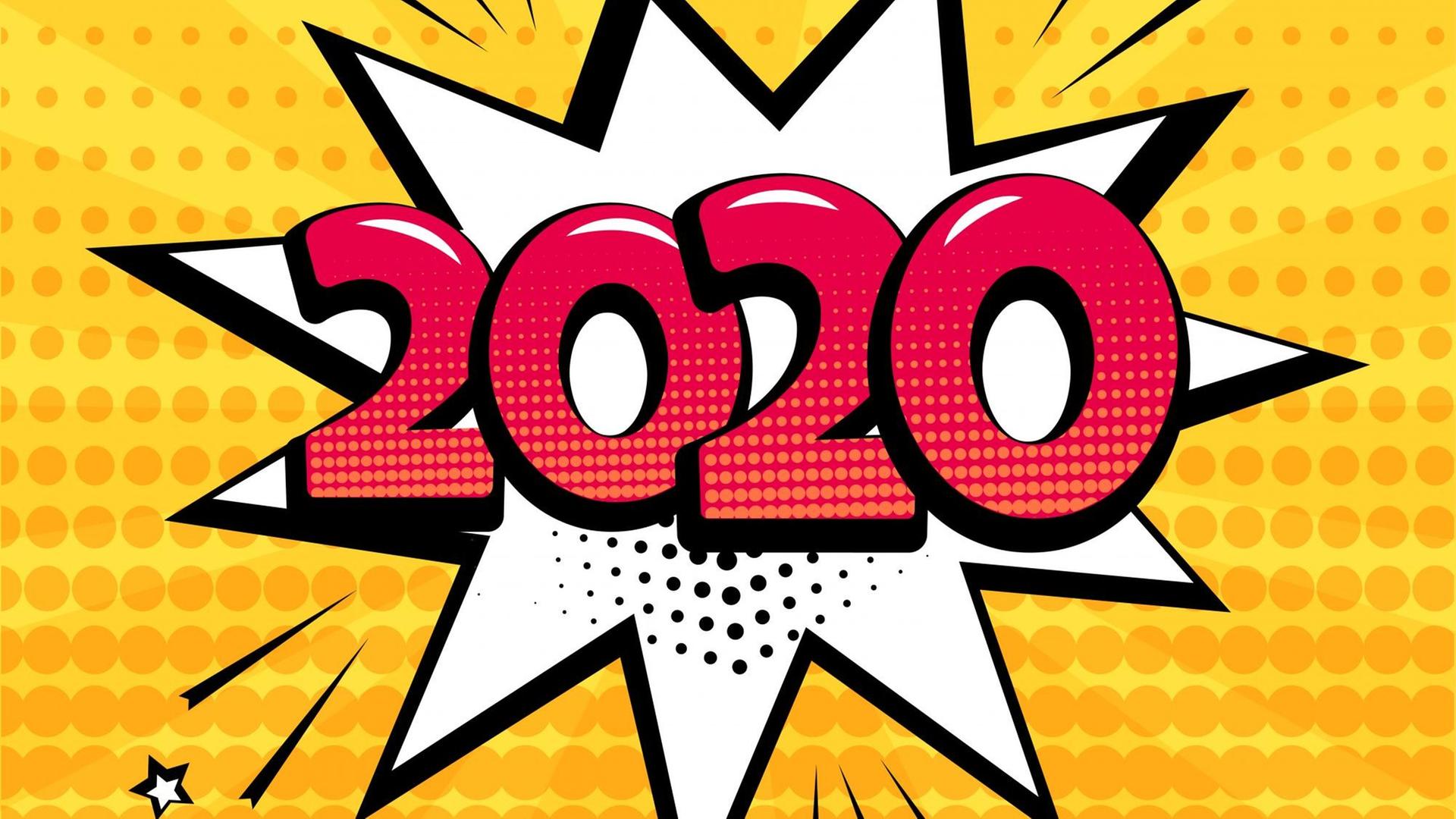 2020 steht in Comicschrift auf einem gelben Hintergrund 2020 steht in Comicschrift auf einem gelben Hintergrund