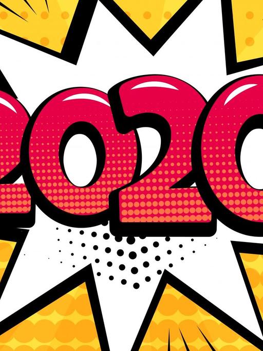 2020 steht in Comicschrift auf einem gelben Hintergrund
