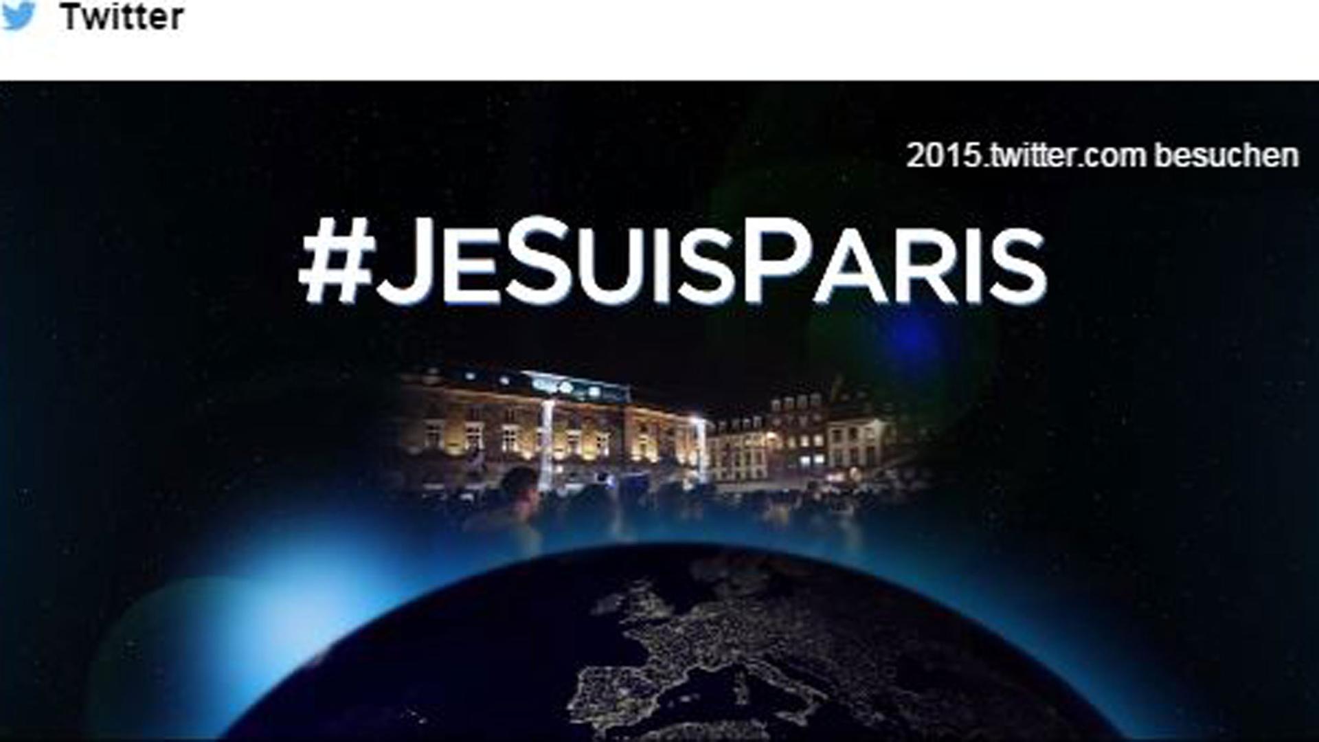 Screenshot von dem Twitter-Account @twitter. Im Vordergrund ist eine stilisierte Weltkugel zu sehen, darüber beleuchtete Häuser in Paris und darüber der Schriftzug mit dem Hashtag #JeSuisParis. Screenshot von dem Twitter-Account @twitter. Im Vordergrund ist eine stilisierte Weltkugel zu sehen, darüber beleuchtete Häuser in Paris und darüber der Schriftzug mit dem Hashtag #JeSuisParis.