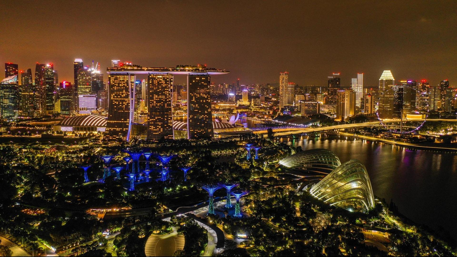 Blick auf Singapur bei Nacht: Die Stadt leuchtet bunt.
