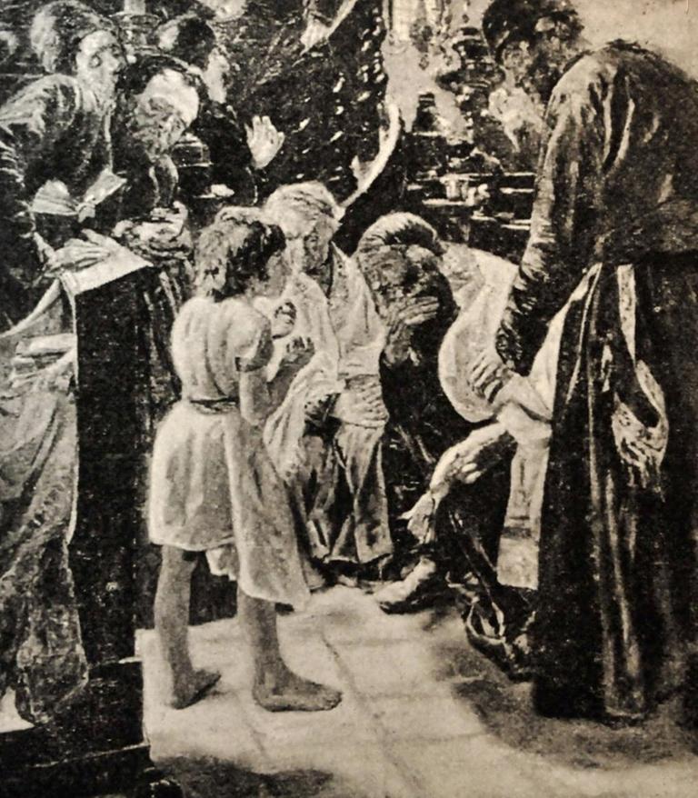 Die Fotografie des Original-Ölgemäldes "Der zwölfjährige Jesus im Tempel" von Max Liebermann am Mittwoch (25.11.2009) in der Liebermann-Villa in Berlin. Dort wird die Ausstellung "Der Jesus-Skandal" gezeigt. Als das Werk 1879 erstmals auf der Internationalen Kunstausstellung in München gezeigt wurde, löste es einen derartigen Skandal aus, dass Liebermann die Figur des Jesus, an der viele Kritiker Anstoss nahmen, übermalte. Grund für den Aufschrei war damals die ungewohnt naturalistische Darstellung des Jesusknaben. Zudem war man darüber entrüstet, dass sich Liebermann als Jude an das christliche Motiv wagte. Infolge der Debatte veränderte Liebermann dann 1884 den ursprünglichen Jesusknaben in ein niedliches Kind mit goldenem Haar. Die Fotografie des Original-Ölgemäldes "Der zwölfjährige Jesus im Tempel" von Max Liebermann am Mittwoch (25.11.2009) in der Liebermann-Villa in Berlin. Dort wird die Ausstellung "Der Jesus-Skandal" gezeigt. Als das Werk 1879 erstmals auf der Internationalen Kunstausstellung in München gezeigt wurde, löste es einen derartigen Skandal aus, dass Liebermann die Figur des Jesus, an der viele Kritiker Anstoss nahmen, übermalte. Grund für den Aufschrei war damals die ungewohnt naturalistische Darstellung des Jesusknaben. Zudem war man darüber entrüstet, dass sich Liebermann als Jude an das christliche Motiv wagte. Infolge der Debatte veränderte Liebermann dann 1884 den ursprünglichen Jesusknaben in ein niedliches Kind mit goldenem Haar.