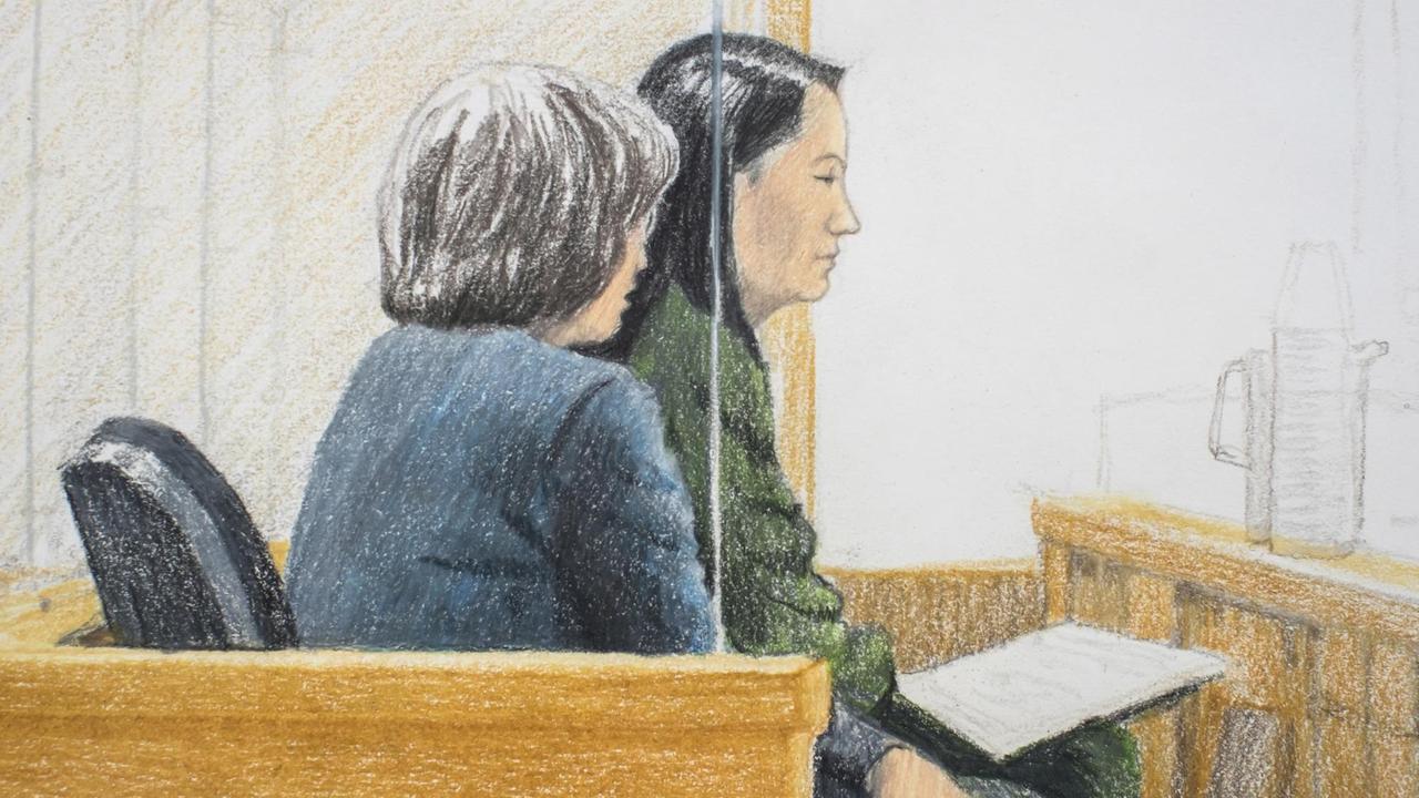 Die Zeichnung zeigt Meng auf einer Bank neben einer Frau, vermutlich eine Anwältin. Die Zeichnung zeigt Meng auf einer Bank neben einer Frau, vermutlich eine Anwältin.