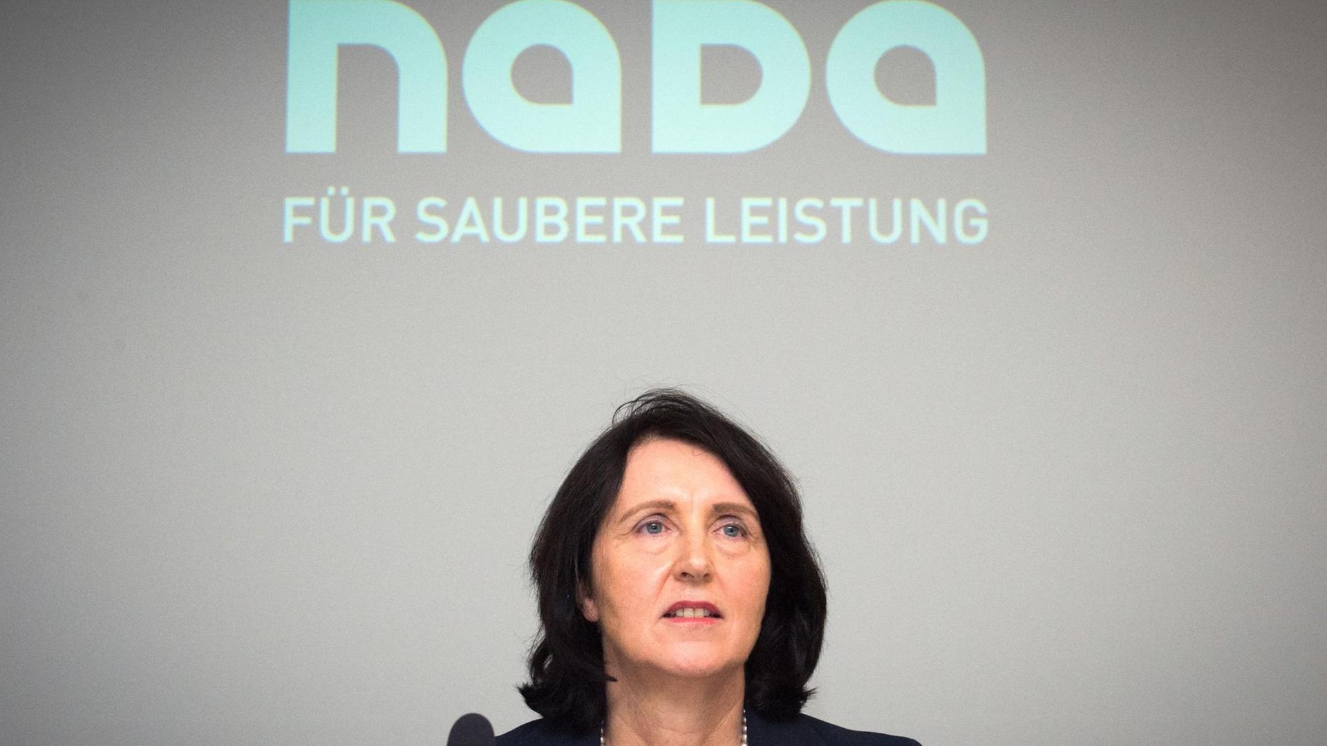 Die Vorstandsvorsitzende der NADA, Andrea Gotzmann, äußert sich am 01.06.2016 in Berlin vor Journalisten. Die Nationale Anti-Doping-Agentur (NADA) stellt im Otto Bock Science-Center in Berlin ihre Bilanz für das Jahr 2015 vor