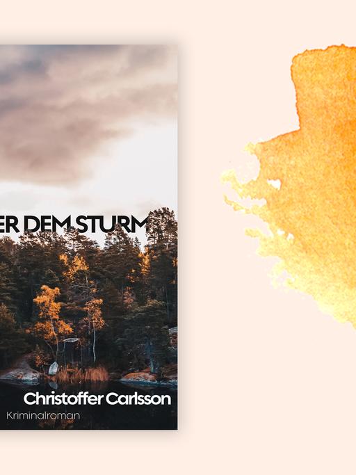 Das Buchcover des Krimis von Christoffer Carlsson, "Unter dem Sturm", auf orange-weißem Hintergrund.