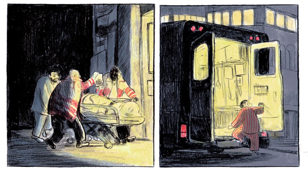 Szene aus einem Comic: In der linken Bildhälfte ist eine Krankenbare zu sehen, die von drei Sanitätern geschoben wird. In der rechten Bildhälfte sieht man Noel, den Protagonisten des Comics in den Krankenwagen klettern.